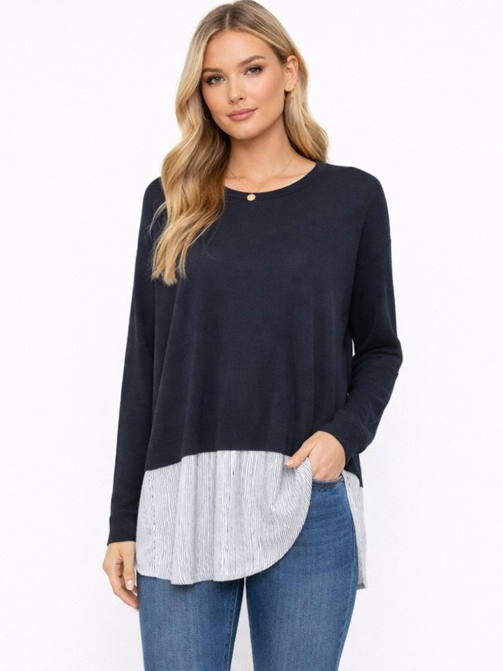 ETC Navy & White Silk Blend Mixed Media Long Sleeve Pull-on Sweater Blouse Top M